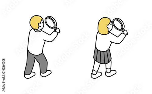 アイソメトリックイラスト：虫眼鏡を使う高校生セット(冬服 後ろ)