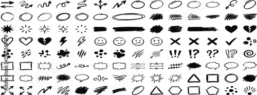 Hand drawn scribble marks set, squiggly lines arrows, sketchy hearts. Sketch brush strokes, doodles, frames underlines crayon, marker punk style texture elements. Grunge illustration pack editable art