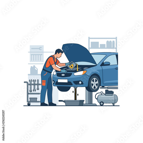 Auto mechanic pouring oil into car engine on lift, repair shop scene, illustration