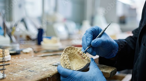 Dental technician working on a dental mold in a lab setting