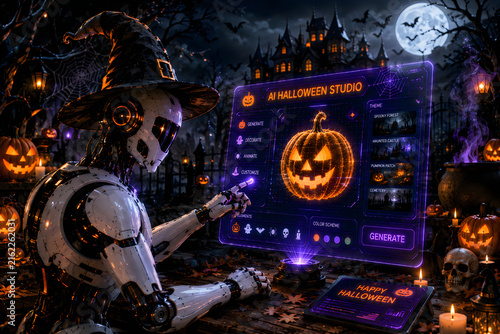 Futuristic robot wearing a witch hat using a digital computer screen to design a glowing jack o lantern pumpkin for a spooky halloween celebration in a dark forest
