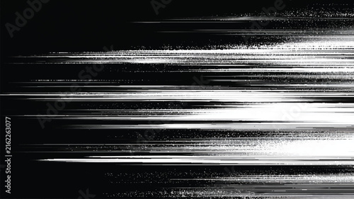 Abstract black background with horizontal white light streaks and motion blur particles
