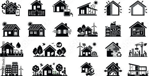 Smart Home Sustainable House and Green Building Black Icon Collection