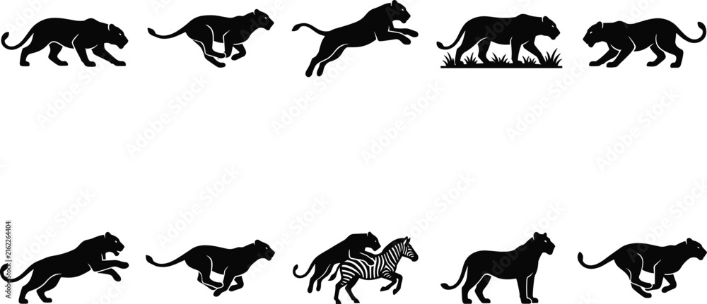 Obraz premium Cheetah and zebra silhouette collection illustration, wildlife and nature concept, solid black vector design showing predator and prey in dynamic motion