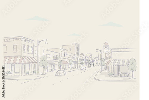Obraz na płótnie American small town main street with shops and cars hand drawn illustration