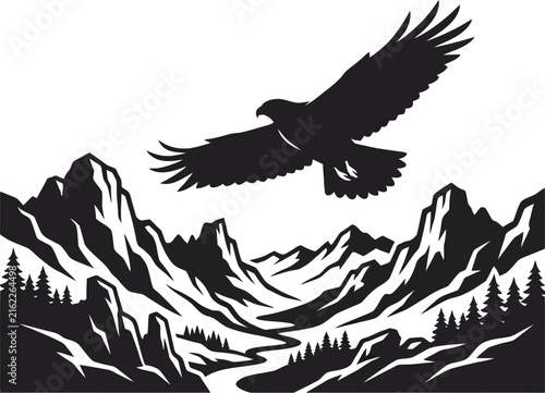 Silhouette of an eagle soaring over a majestic mountain valley landscape