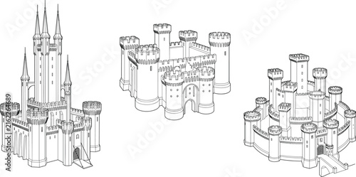 Medieval Fantasy Castle Outline Illustration Collection with Historic Fortress Architecture