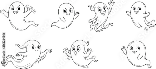 Cute Friendly Ghost Cartoon Outline Character Collection for Kids and Halloween