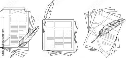 Vintage Document Templates with Quill Pen Outline Illustration Collection for Editorial Design