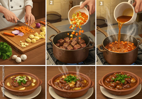 Beef stew cooking steps illustration