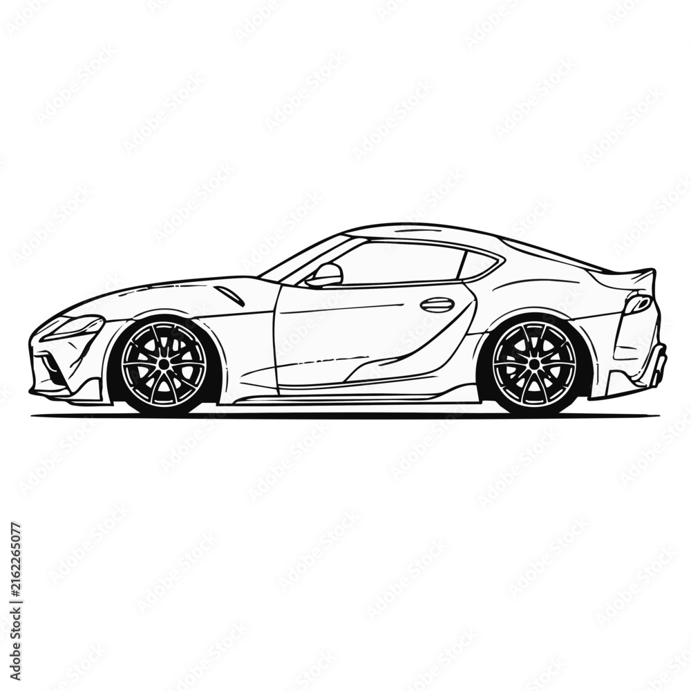 Naklejka premium Sports car side view line art vector illustration of a modern performance coupe vehicle.