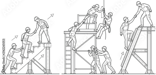 Construction Worker Safety Assistance and Teamwork Outline Illustration Collection