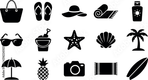 Summer Beach Vacation Icon Set with Tropical Travel Elements Isolated on Transparent Background