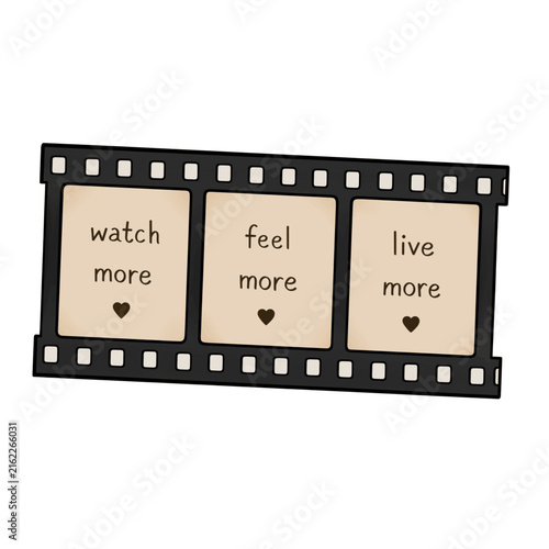 Foto Vintage film strip frame with watch more feel more live more quote in warm aesthetic style, vector illustration of retro movie negative graphic for cinephiles isolated on white background