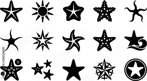 Starfish Icon Set Black Silhouette Sea Star Symbols Isolated on Transparent Background Flat Vector Graphic