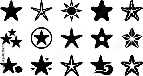 Star Icon Set Black Silhouette Symbols for Rating Award Success and Quality Isolated on Transparent Background
