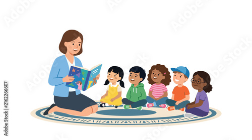 Teacher reading storybook to children on rug vector illustration