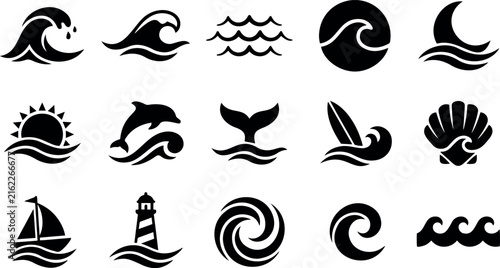 Ocean Wave Icon Set with Sea Life Nautical Symbols and Surfing Elements Isolated on Transparent Background