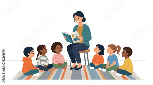 Teacher reading storybook to children on rug vector illustration 3