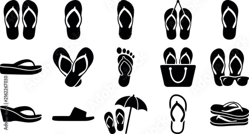 Flip Flops Icon Set for Summer Beach Vacation and Travel Footwear Isolated on Transparent Background