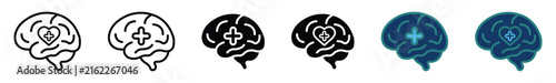 Mental health brain care icon set, neurology psychology symbol, vector illustration