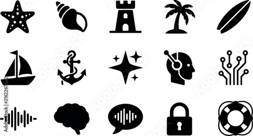 Beach Vacation and Artificial Intelligence Icon Set Isolated on Transparent Background Flat Vector Graphic
