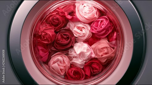 Close-up view of artificial roses in a washing machine drum