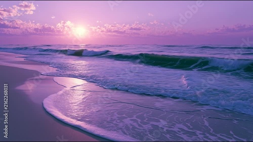 Breathtaking Sunset Over a Serene Purple Ocean Shoreline at Twilight