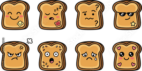 Cute kawaii toast bread character vector set with funny cartoon emotions, different facial expressions, emojis, and spreads isolated on white background.