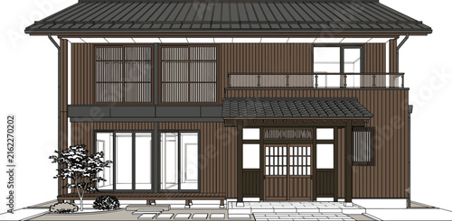Modern Japanese Style Two Story Wooden House Architectural Elevation Design Illustration Isolated Background