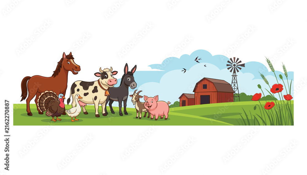 Naklejka premium Cute Cartoon Farm Animals Vector Panorama with Red Barn Windmill Cow Horse Pig and Fields for Kids Countryside Educational Designs