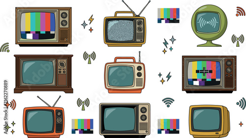 Retro television icon set with vintage crt tv boxes antenna signal towers static screens test patterns and nostalgic broadcast elements vector