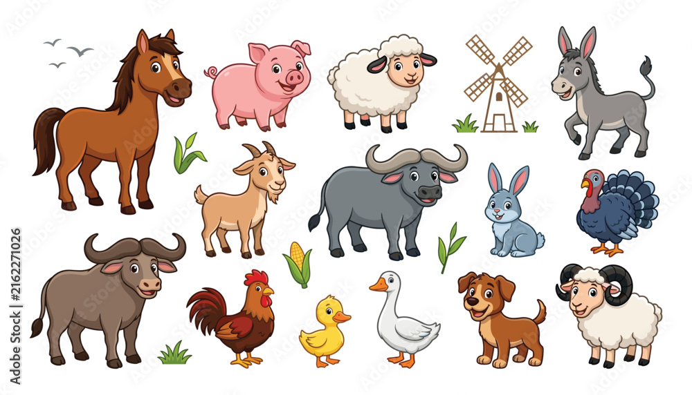 Obraz premium Cute Cartoon Farm Animal Vector Character Set with Horse, Pig, Sheep, Goat, Cow, Rooster, Duck, and Dog for Children Education and Book Illustrations