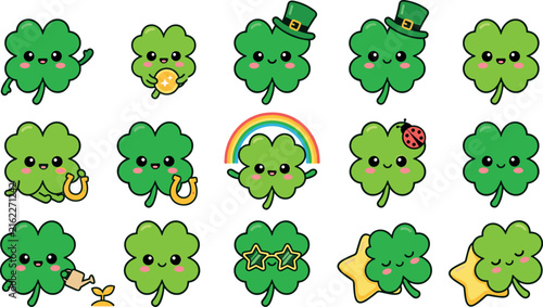 Foto Cute clover mascot character set with four leaf shamrock gold coin rainbow horse