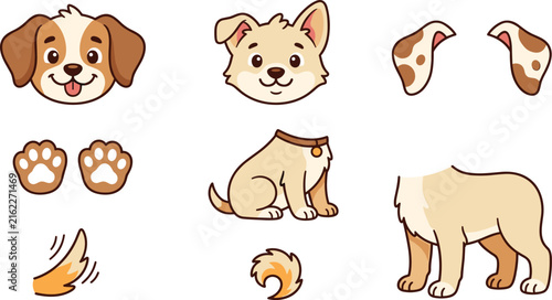 Cute Cartoon Dog Character Parts Collection with Heads Ears Paws Tails and Body Elements