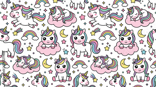 Cute kawaii unicorn seamless pattern vector illustration featuring cartoon magic horses rainbows stars and clouds for kids fabric textile background