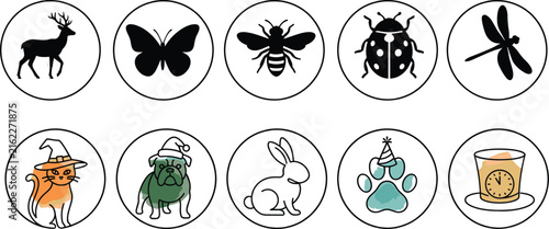 Seasonal animal and insect icon collection featuring deer butterfly bee ladybug dragonfly pets and festive symbols
