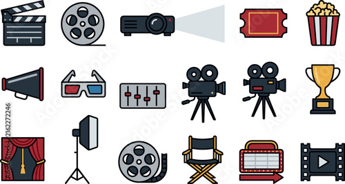 BCuteCinema and movie production vector flat icon set featuring clapperboard, film reel, projector, ticket, popcorn,  glasses, video camera, director chair, and theater elements. 