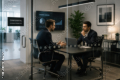 Blurred Two Executives Having A Confidential Business Discussion In A Modern Glass Meeting Room