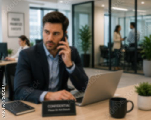 Blurred Employee Taking A Confidential Phone Call In A Modern Corporate Office