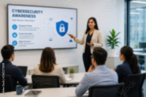 Blurred Employee Receiving Cybersecurity Awareness Training In A Modern Corporate Office