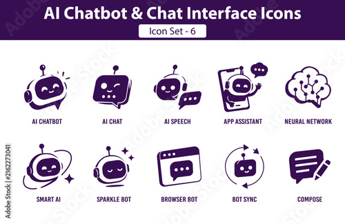 AI Chatbot and Chat Interface Icon Set – Smart Assistant, AI Speech, Neural Network and Bot Technology