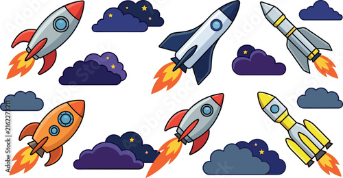 Spaceship rocket vector sticker set with flying spacecraft fire flame blast off details and starry night clouds for kids bedroom wall decal pattern design