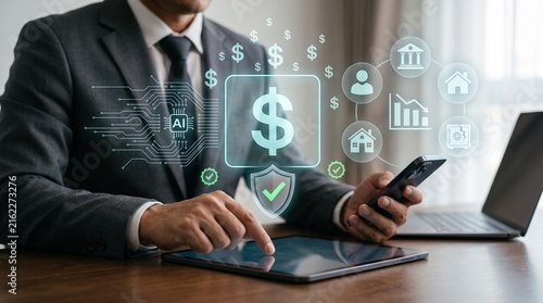 Anonymous Business Professional Analyzing Banking Risk and Financial Vulnerability with Dollar Shield and AI Data Overlay