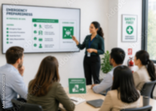 Blurred Emergency Preparedness Training Session With Employees Learning Workplace Safety Procedures