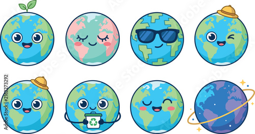 Cute Earth globe vector character set with funny kawaii faces recycling bin green sprout planet ring sunglasses and safari hat for Earth Day ecology conservation illustration