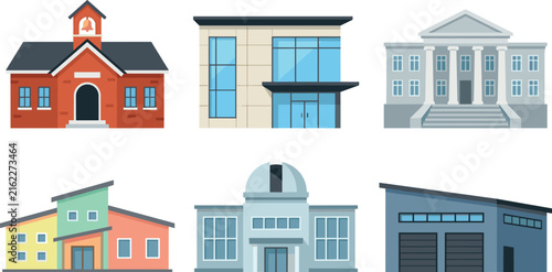 Public architecture and institutional building vector flat icon set featuring school library courthouse observatory warehouse and modern corporate office facades illustration