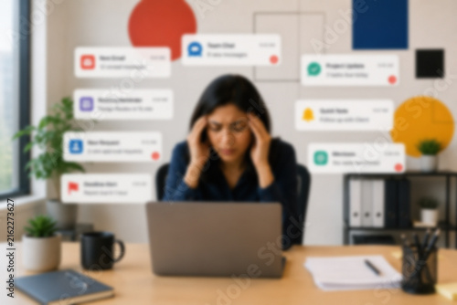 Blurred Employee Overwhelmed By Multiple Workplace Notifications During A Busy Office Workday