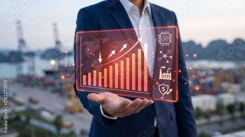 Businessman Hand Holding Glowing FDI Growth Bar Chart with World Map Overlay Representing Quang Ninh Strategic Gateway Investment