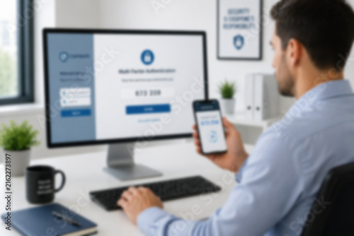 Blurred Employee Using MFA To Secure Access To A Corporate Computer At A Modern Office Desk